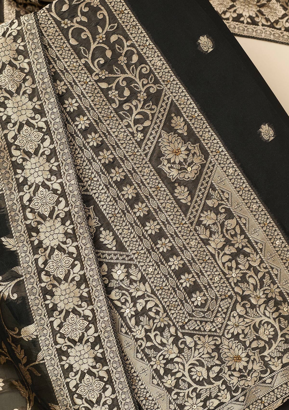 Black Zariwork Dola Silk Unstitched Salwar Suit-koskii