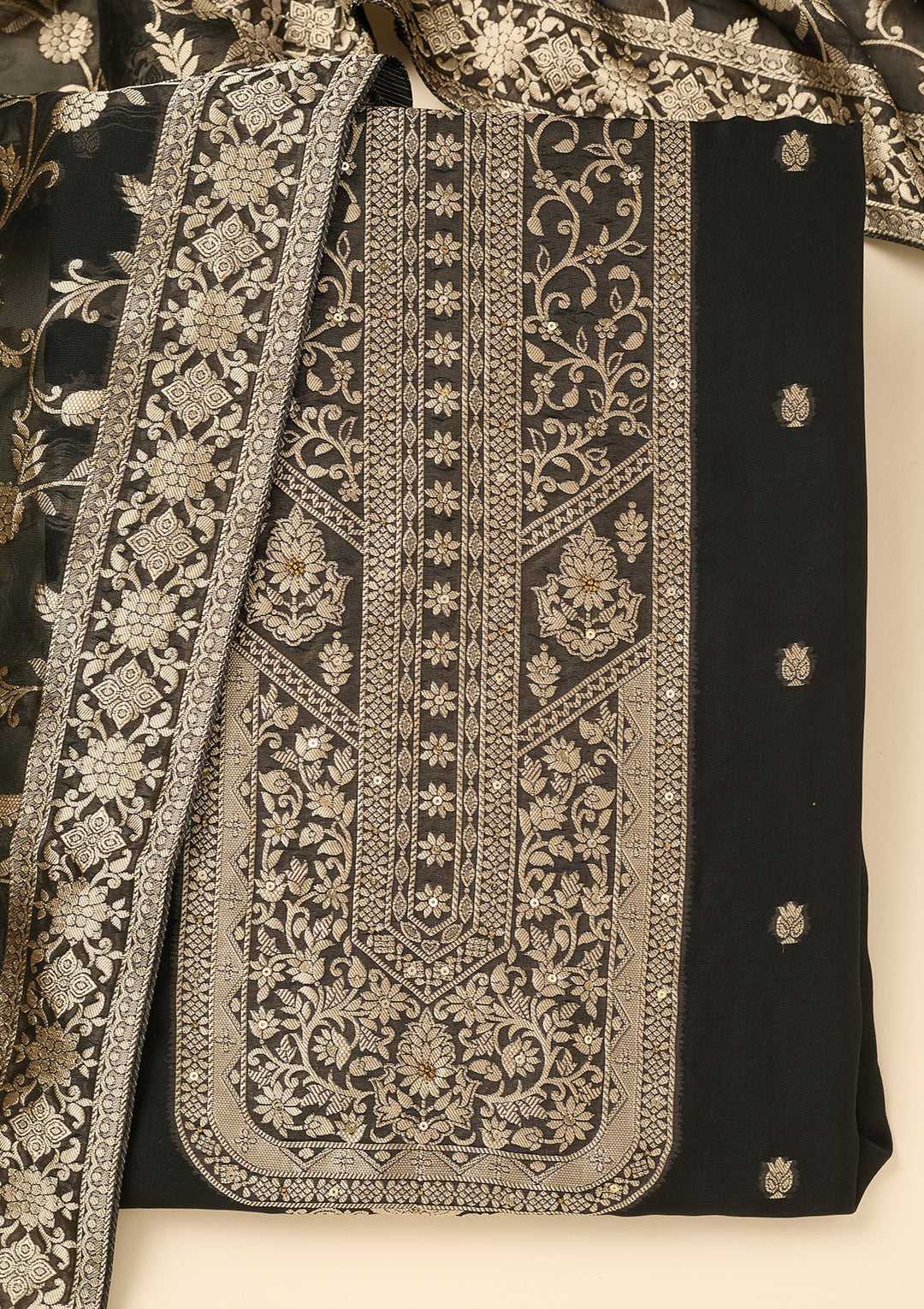 Black Zariwork Dola Silk Unstitched Salwar Suit-koskii