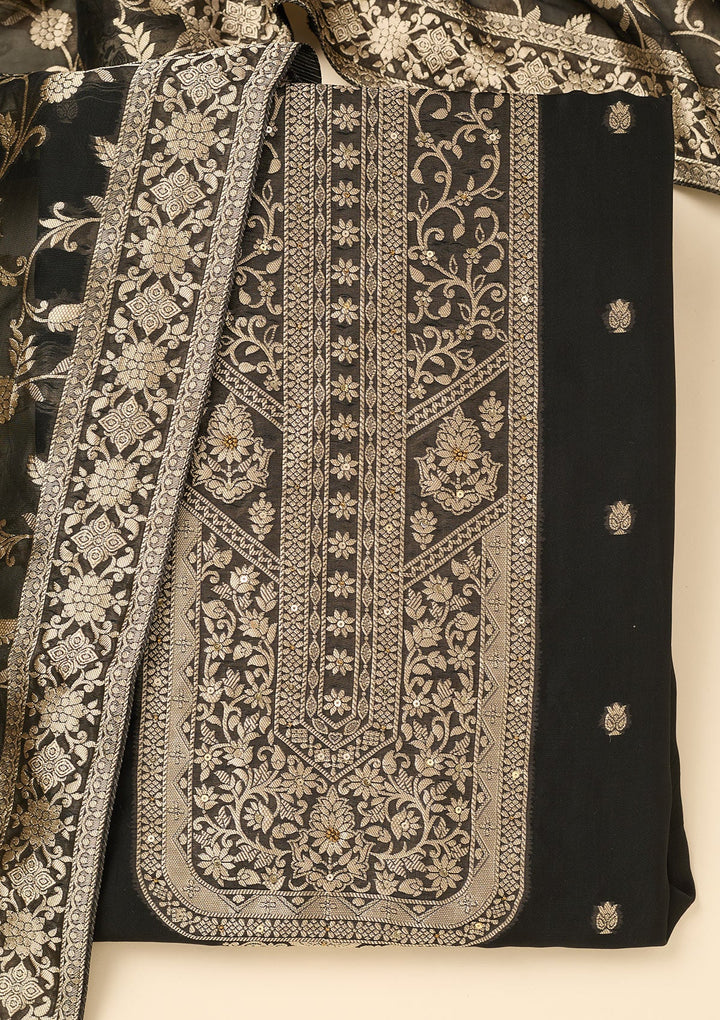 Black Zariwork Dola Silk Unstitched Salwar Suit-koskii