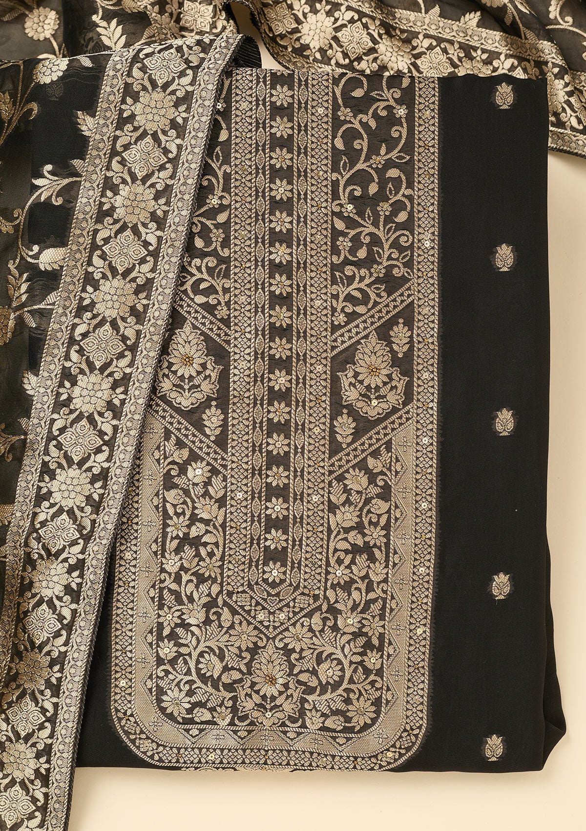 Black Zariwork Dola Silk Unstitched Salwar Suit-koskii