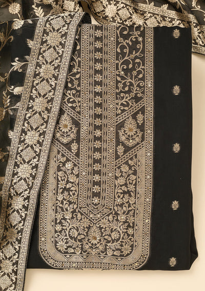 Black Zariwork Dola Silk Unstitched Salwar Suit-koskii