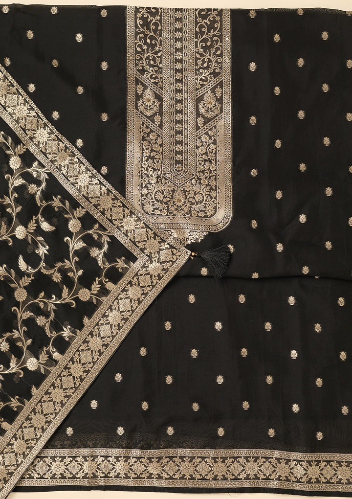 Black Zariwork Dola Silk Unstitched Salwar Suit-koskii
