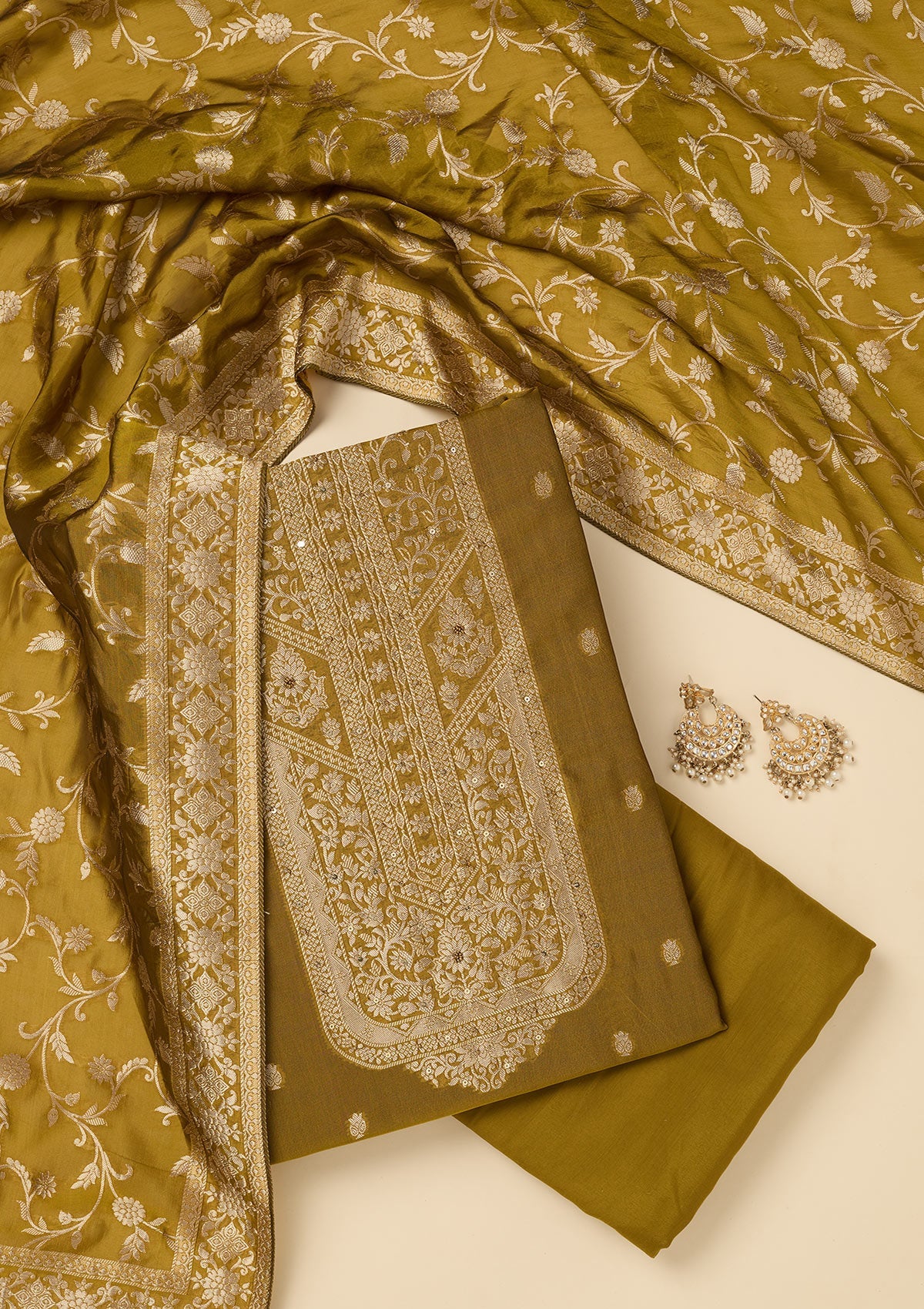 Mehendi Zariwork Dola Silk Unstitched Salwar Suit-koskii