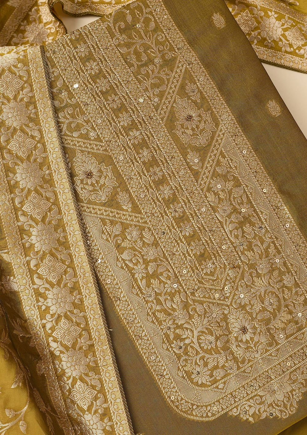 Mehendi Zariwork Dola Silk Unstitched Salwar Suit-koskii