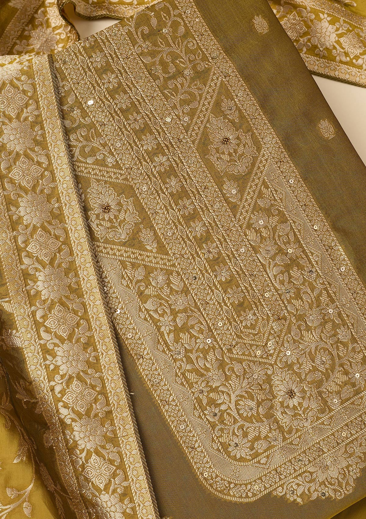 Mehendi Zariwork Dola Silk Unstitched Salwar Suit-koskii
