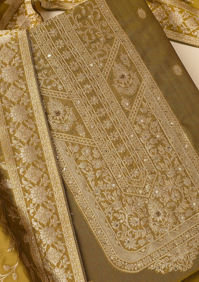 Mehendi Zariwork Dola Silk Unstitched Salwar Suit-koskii