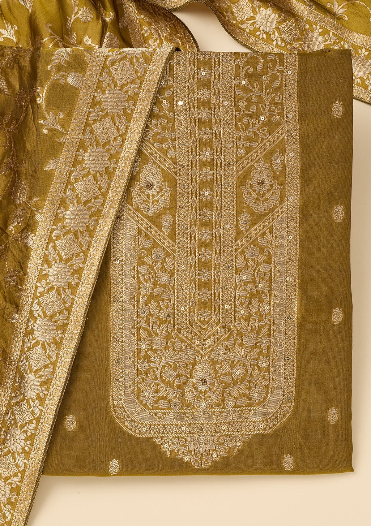 Mehendi Zariwork Dola Silk Unstitched Salwar Suit-koskii