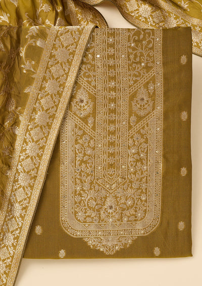 Mehendi Zariwork Dola Silk Unstitched Salwar Suit-koskii