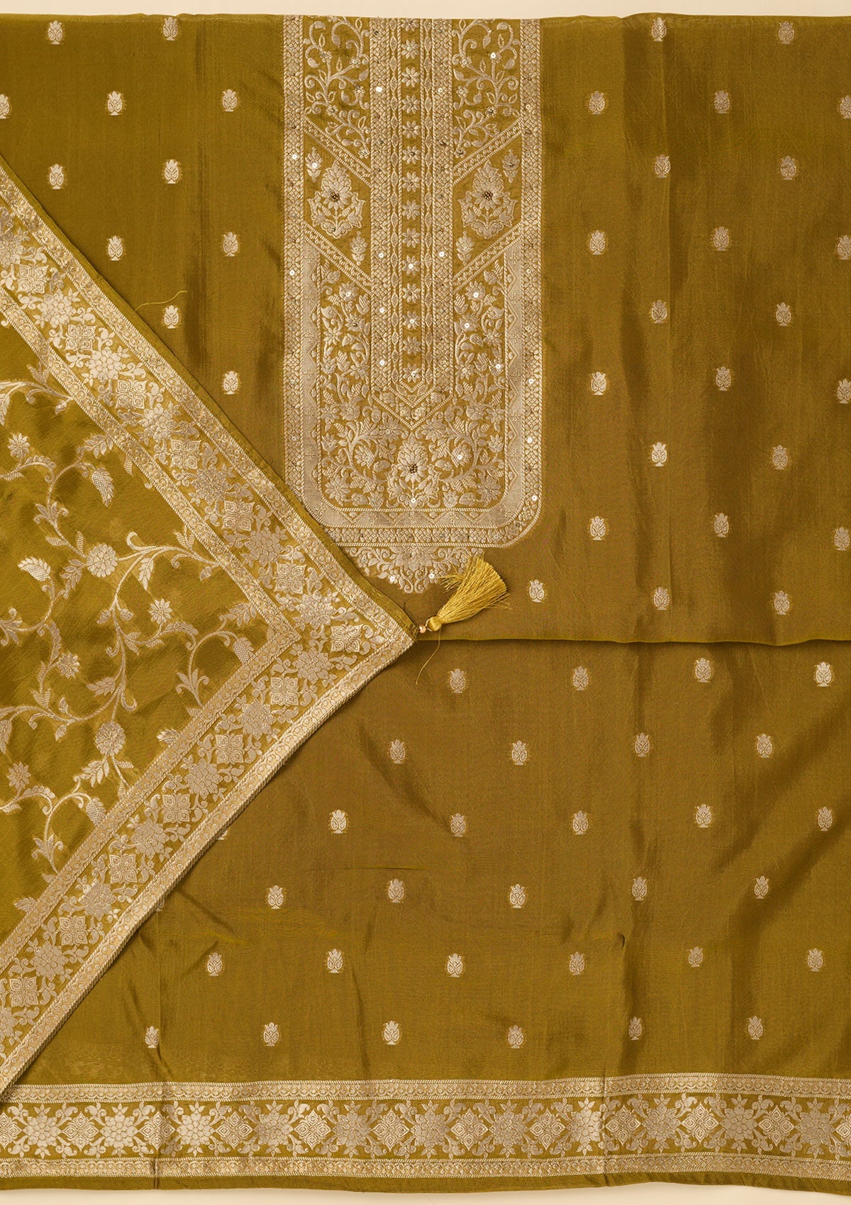 Mehendi Zariwork Dola Silk Unstitched Salwar Suit-koskii