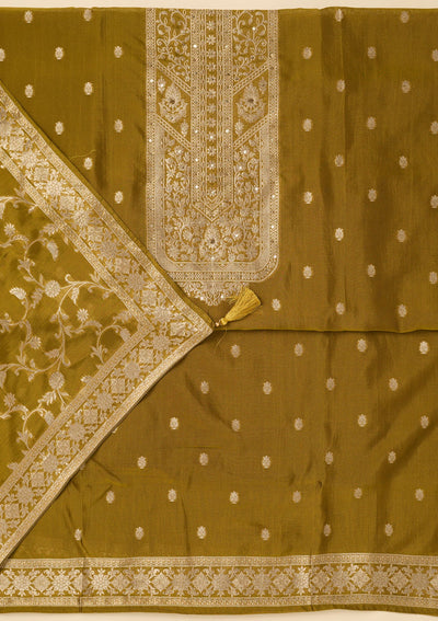 Mehendi Zariwork Dola Silk Unstitched Salwar Suit-koskii