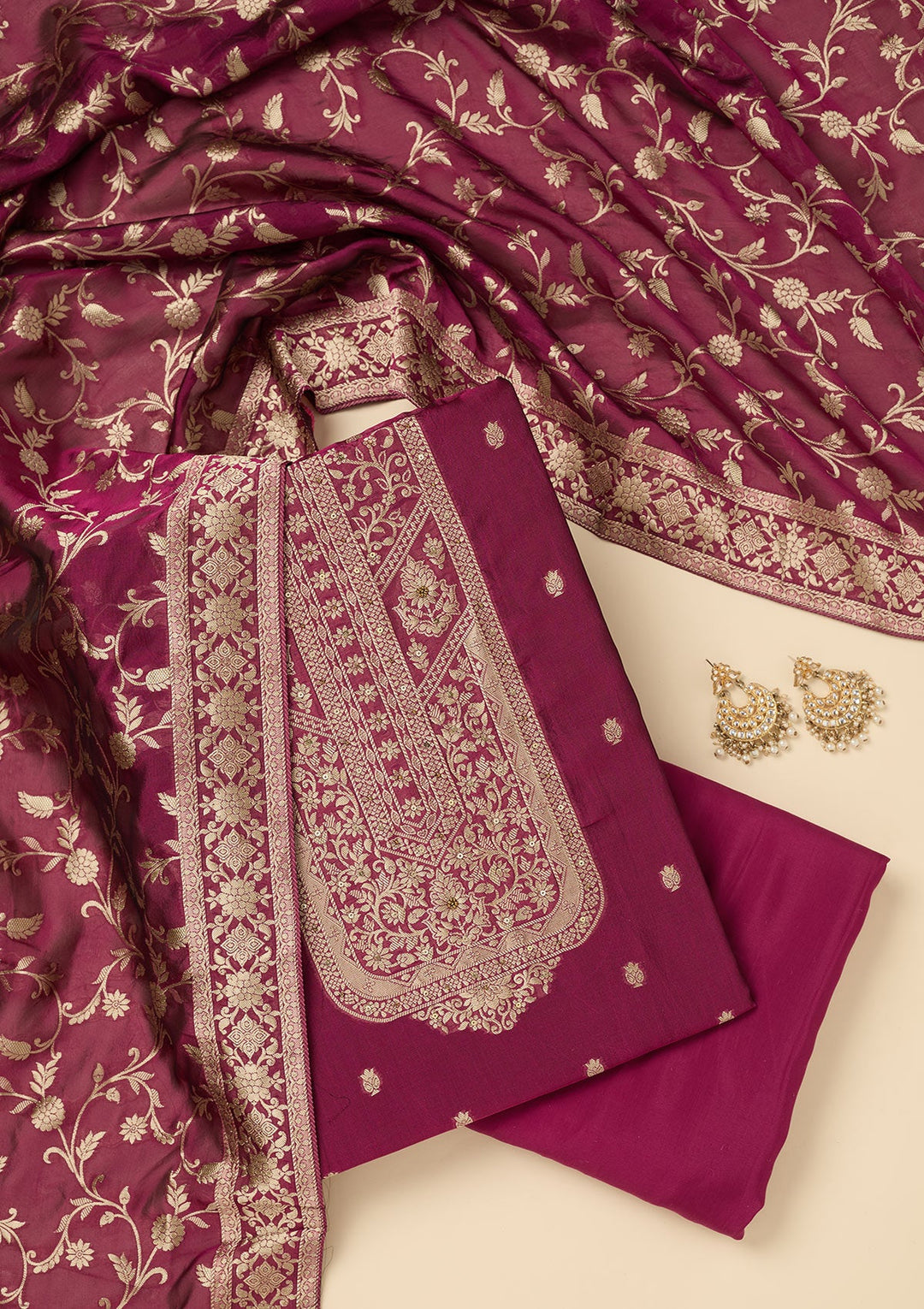 Wine Zariwork Dola Silk Unstitched Salwar Suit-koskii