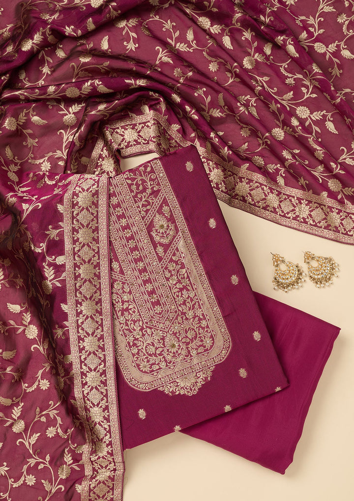 Wine Zariwork Dola Silk Unstitched Salwar Suit-koskii