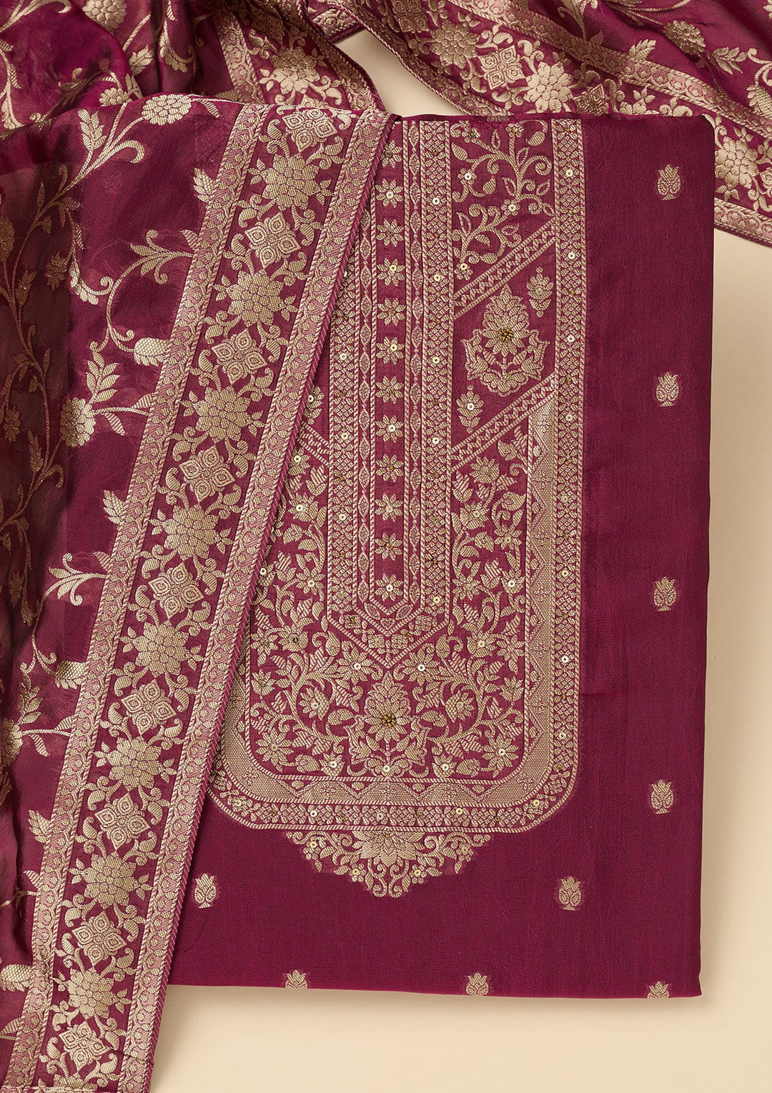 Wine Zariwork Dola Silk Unstitched Salwar Suit-koskii