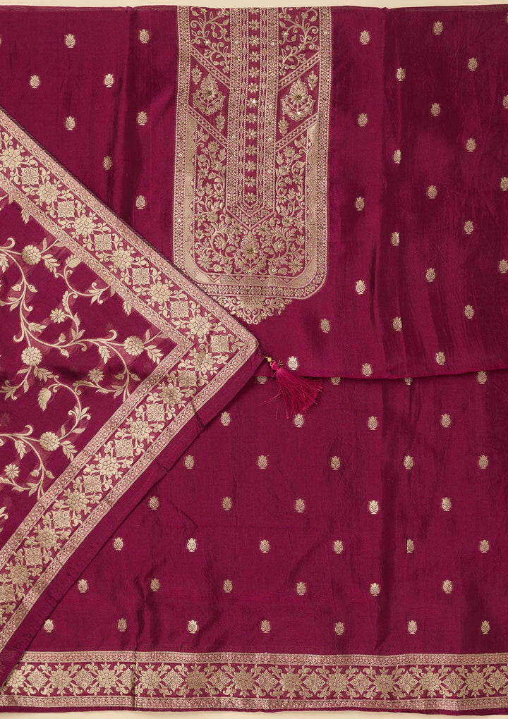 Wine Zariwork Dola Silk Unstitched Salwar Suit-koskii