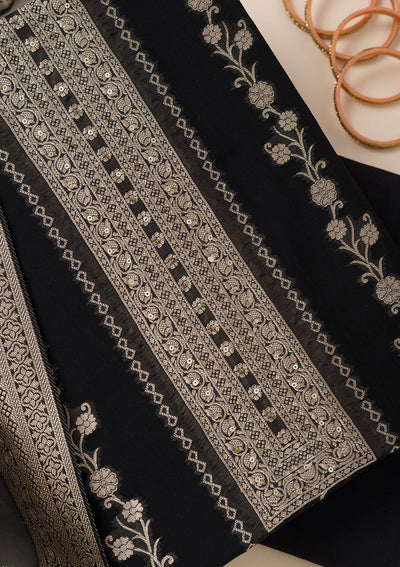 Black Zariwork Opada Silk Unstitched Salwar Suit- koskii