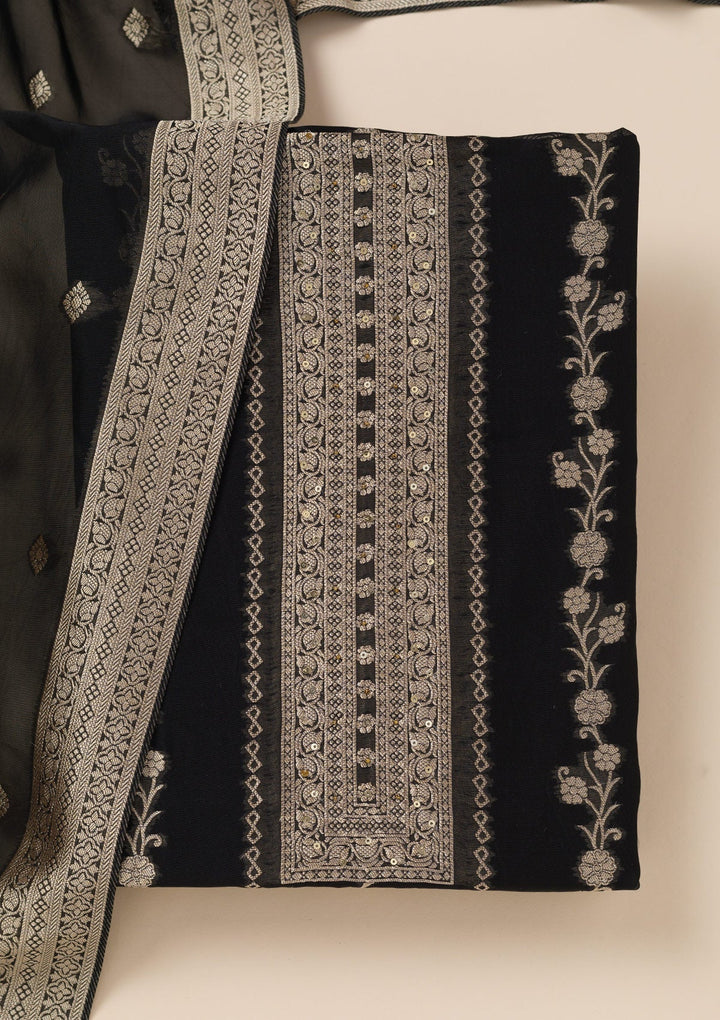 Black Zariwork Opada Silk Unstitched Salwar Suit- koskii