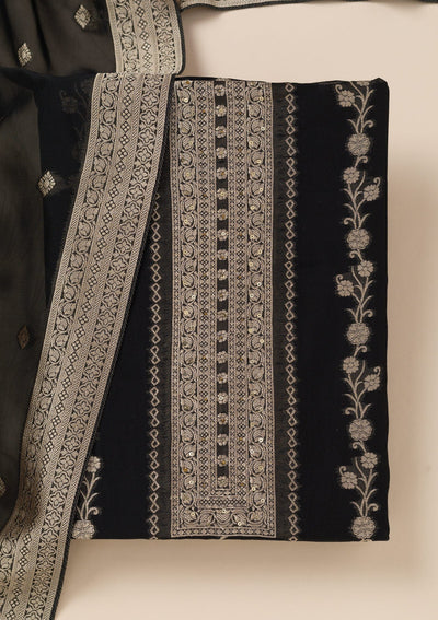 Black Zariwork Opada Silk Unstitched Salwar Suit- koskii