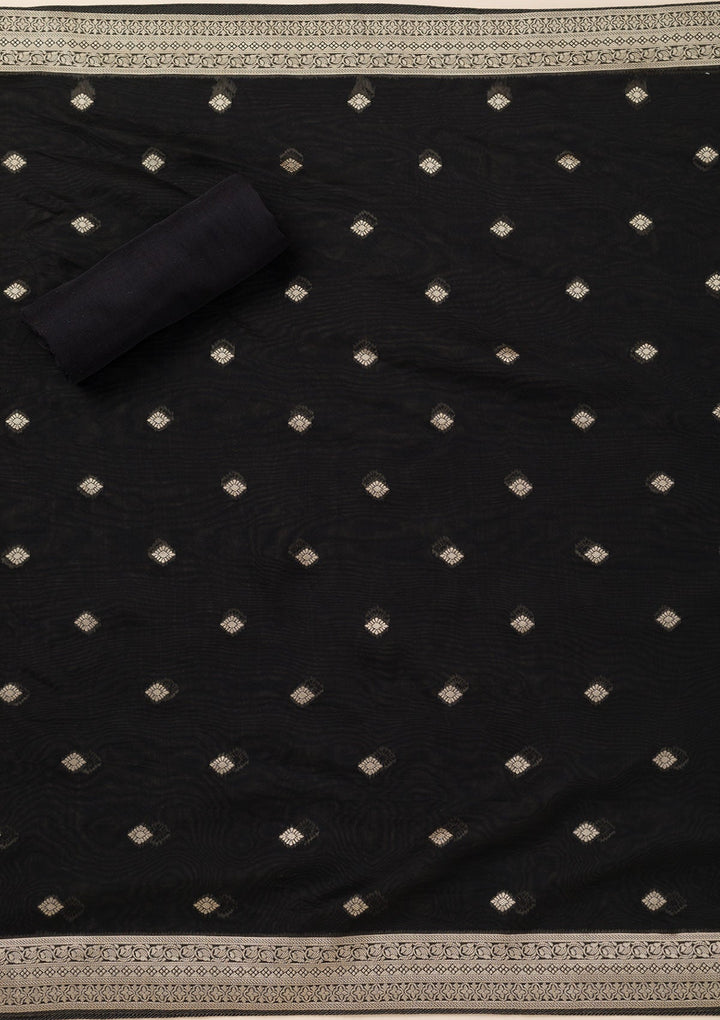 Black Zariwork Opada Silk Unstitched Salwar Suit- koskii