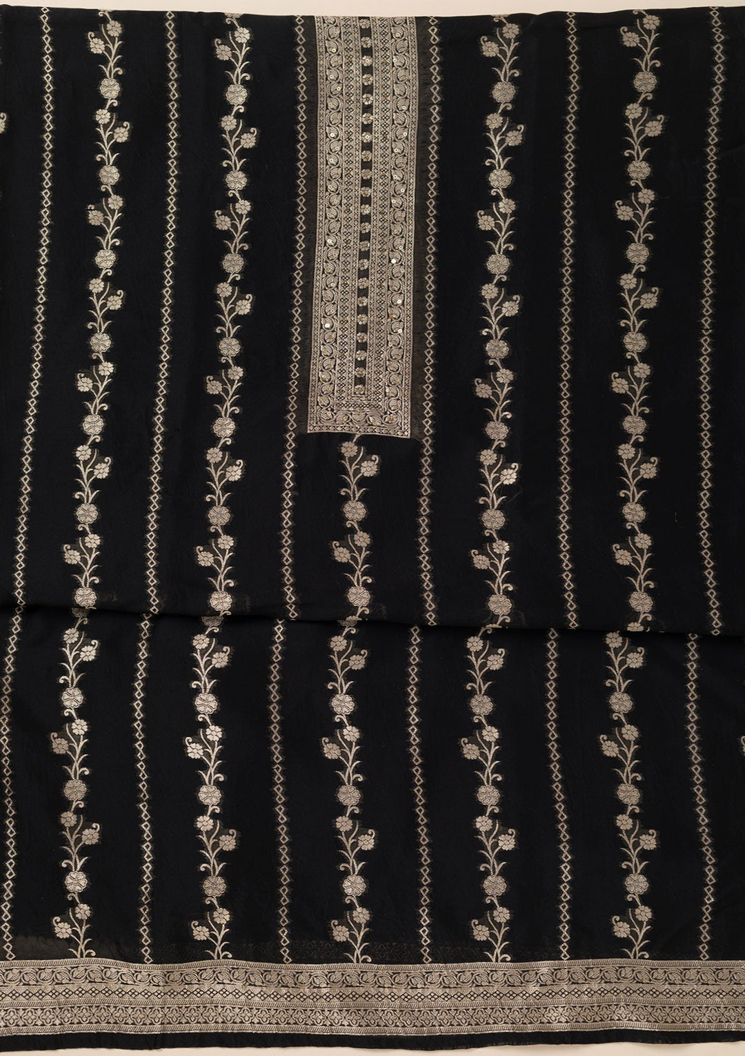 Black Zariwork Opada Silk Unstitched Salwar Suit- koskii