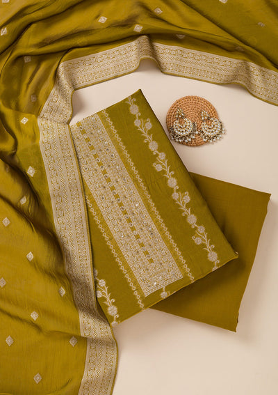 Green Zariwork Opada Silk Unstitched Salwar Suit- koskii