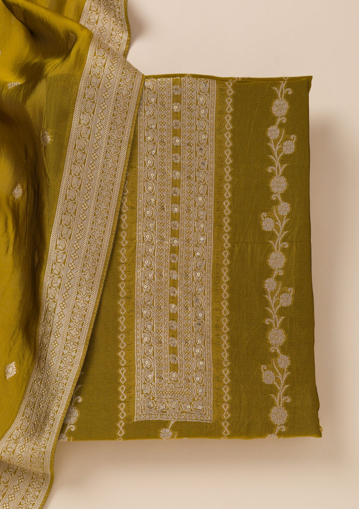 Green Zariwork Opada Silk Unstitched Salwar Suit- koskii