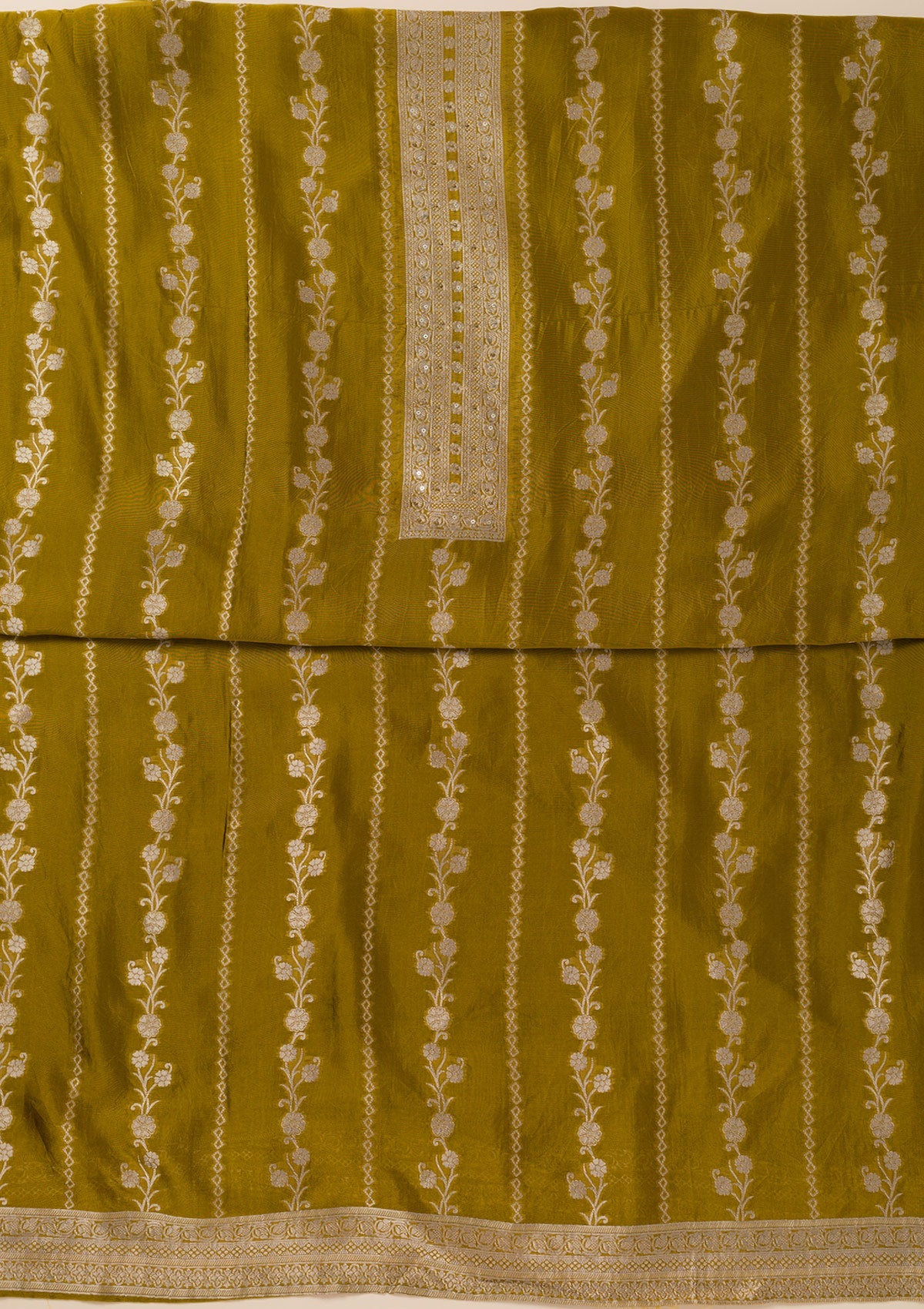 Green Zariwork Opada Silk Unstitched Salwar Suit- koskii