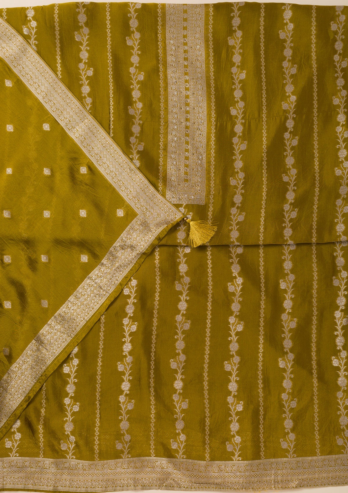 Green Zariwork Opada Silk Unstitched Salwar Suit- koskii