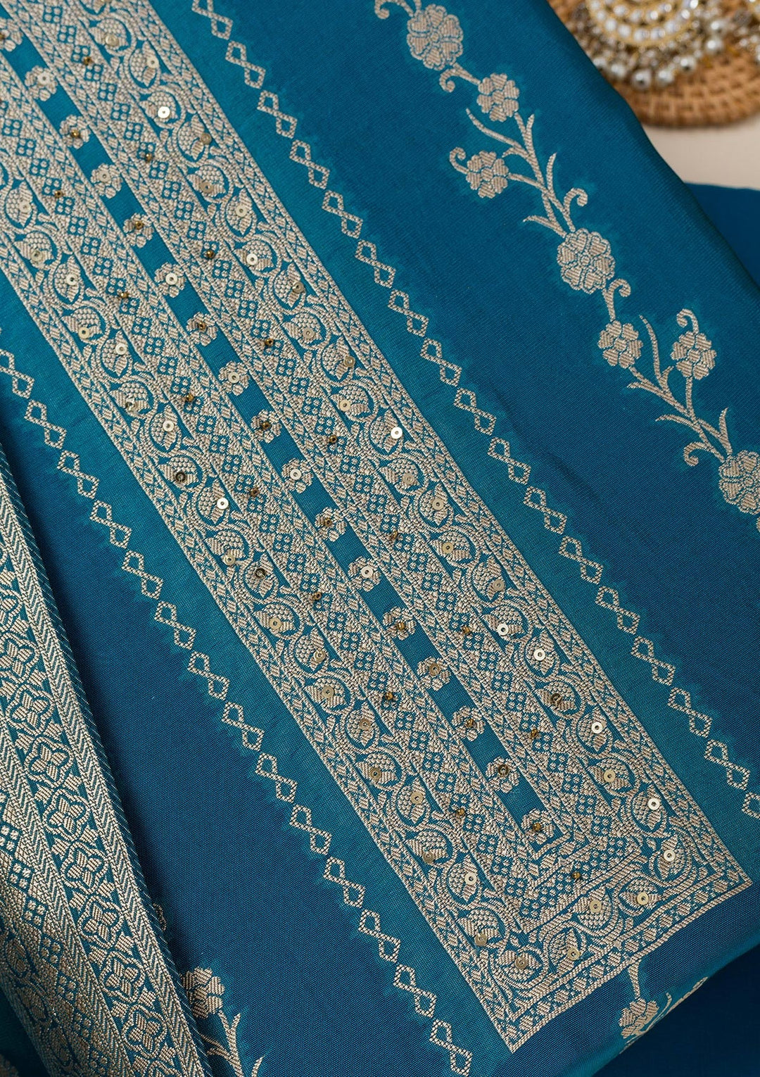Peacock Blue Zariwork Opada Silk Unstitched Salwar Suit- koskii
