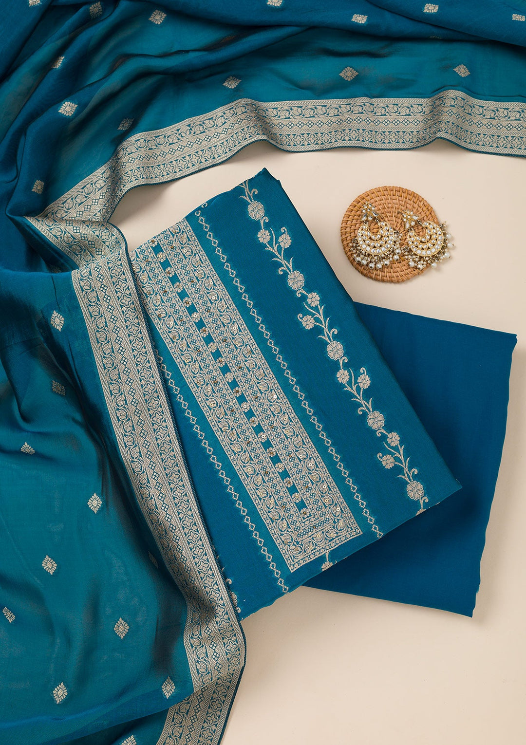 Peacock Blue Zariwork Opada Silk Unstitched Salwar Suit- koskii