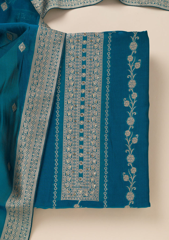 Peacock Blue Zariwork Opada Silk Unstitched Salwar Suit- koskii