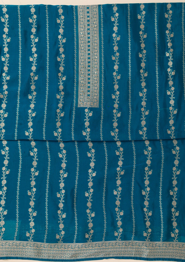 Peacock Blue Zariwork Opada Silk Unstitched Salwar Suit- koskii