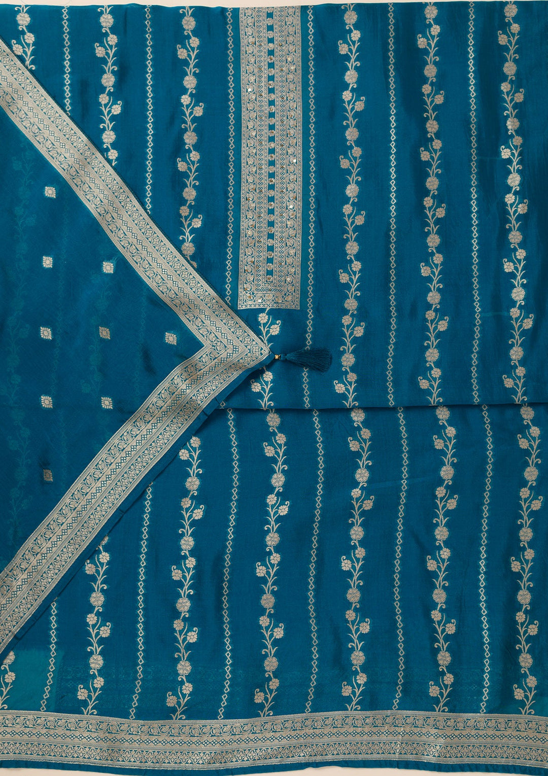 Peacock Blue Zariwork Opada Silk Unstitched Salwar Suit- koskii