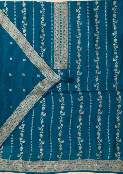 Peacock Blue Zariwork Opada Silk Unstitched Salwar Suit- koskii
