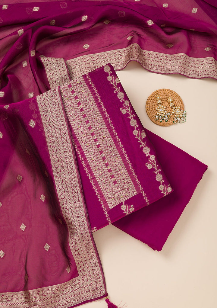 Wine Zariwork Opada Silk Unstitched Salwar Suit- koskii