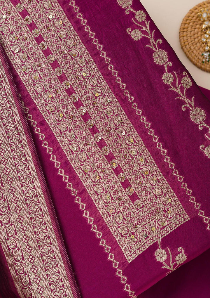 Wine Zariwork Opada Silk Unstitched Salwar Suit- koskii