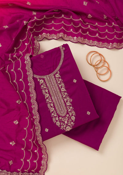 Wine Cording Soft Raw Silk Unstitched Salwar Suit- koskii