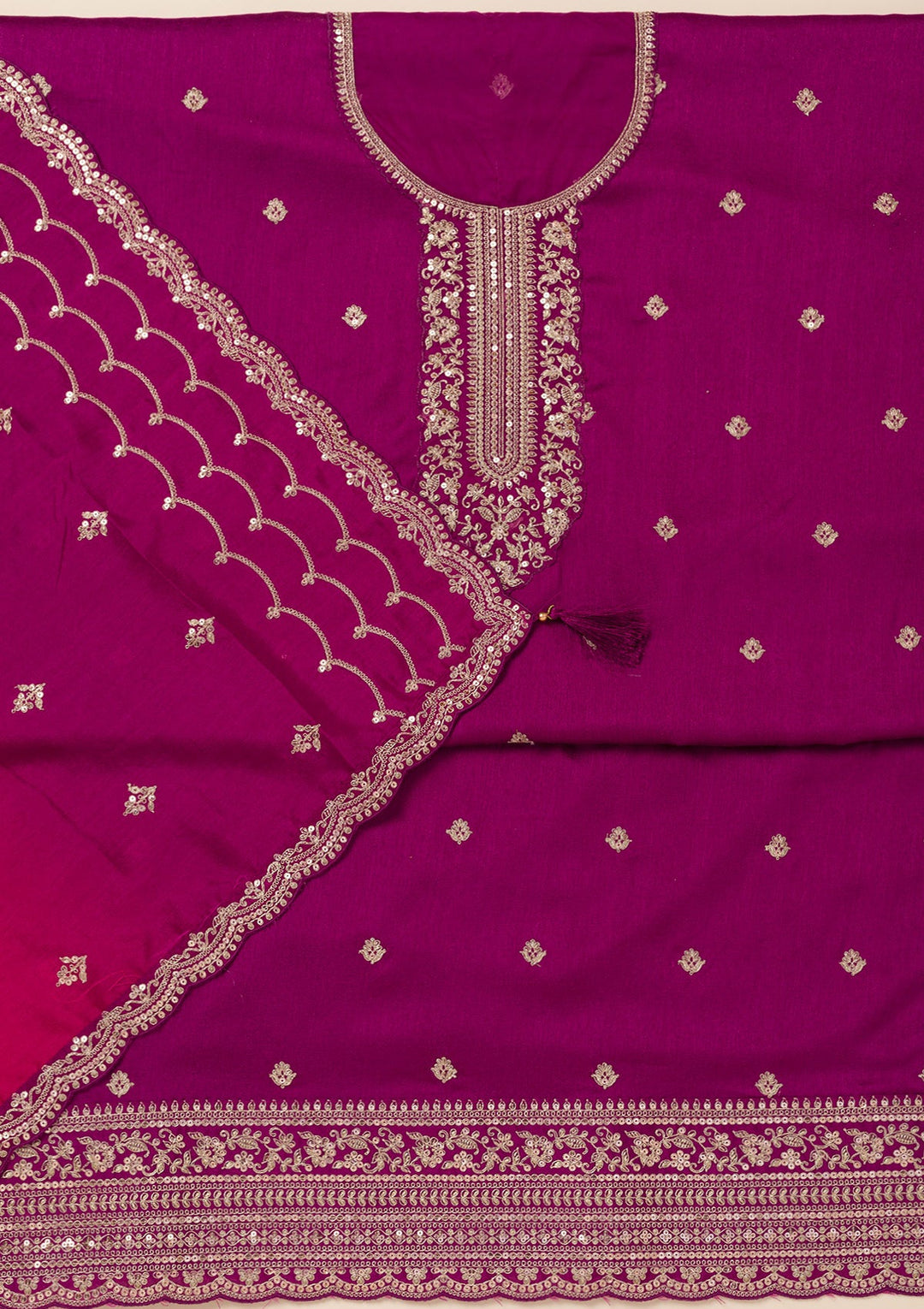 Wine Cording Soft Raw Silk Unstitched Salwar Suit- koskii