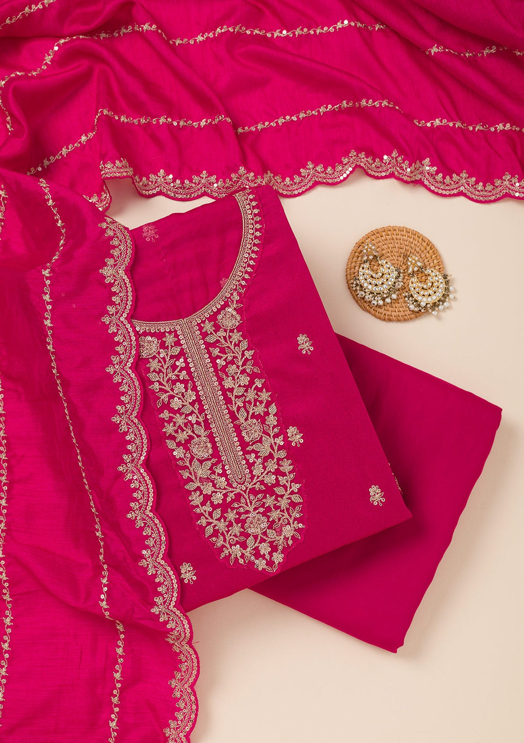 Rani Pink Cording Soft Raw Silk Unstitched Salwar Suit- koskii