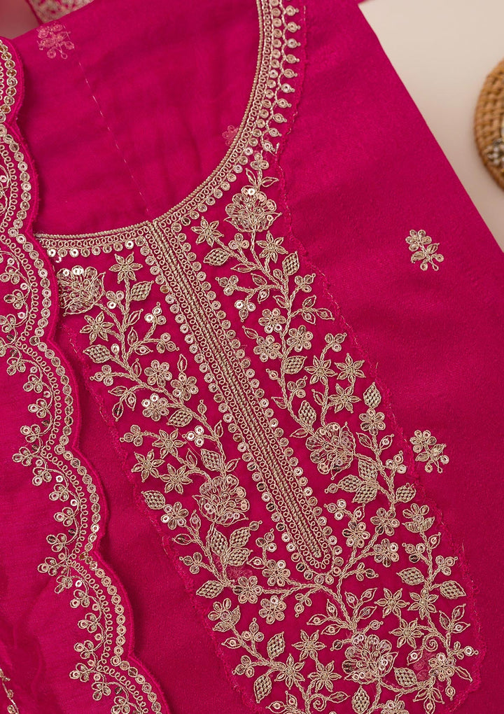 Rani Pink Cording Soft Raw Silk Unstitched Salwar Suit- koskii