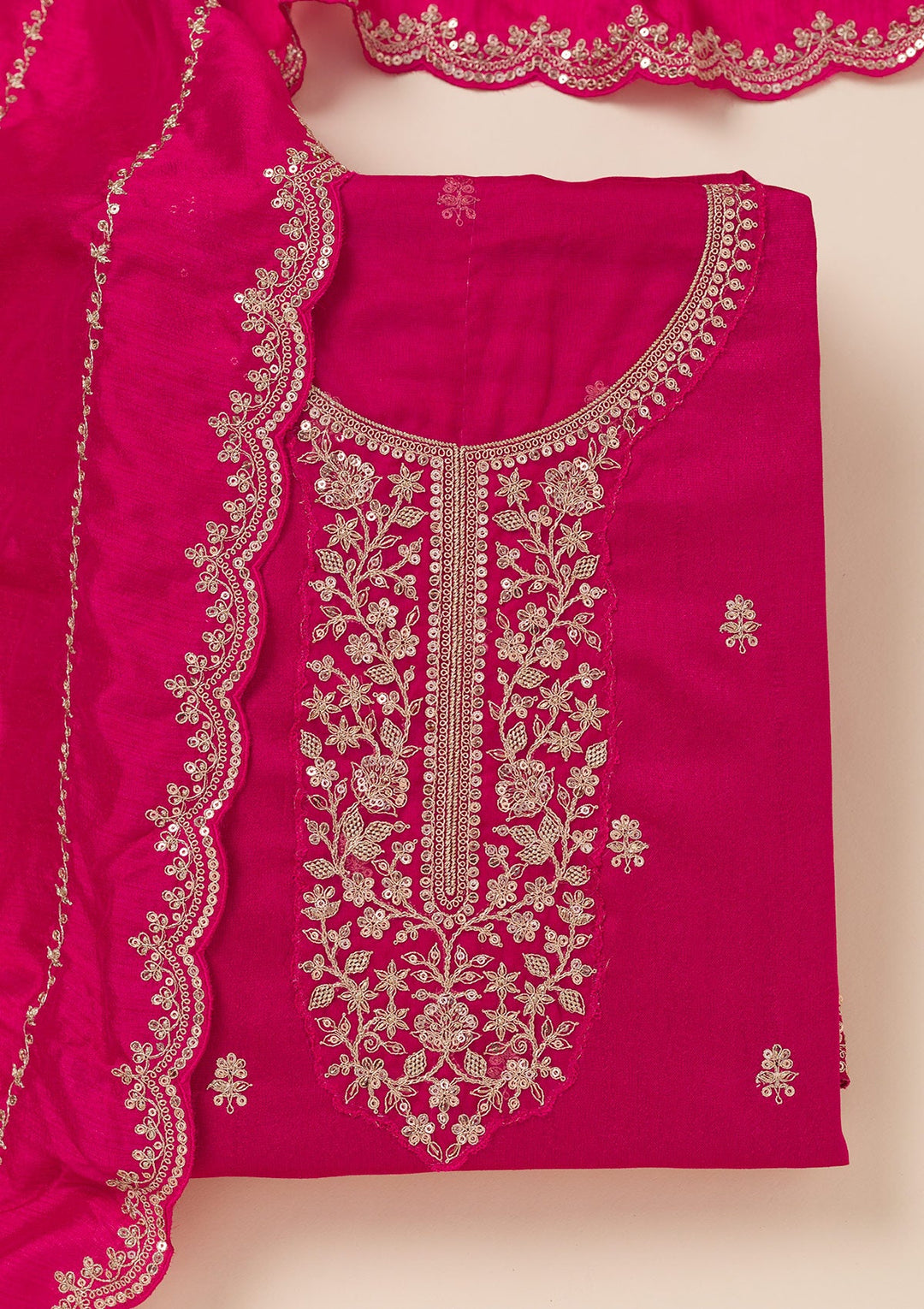 Rani Pink Cording Soft Raw Silk Unstitched Salwar Suit- koskii