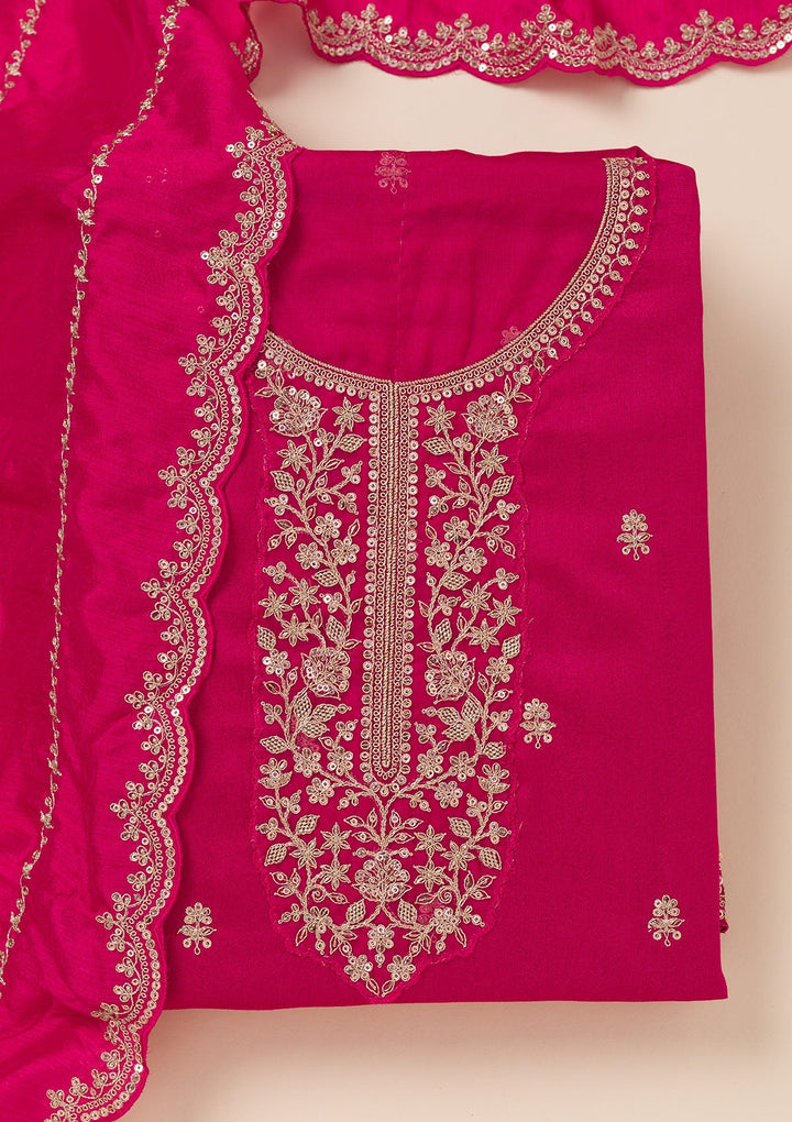 Rani Pink Cording Soft Raw Silk Unstitched Salwar Suit- koskii