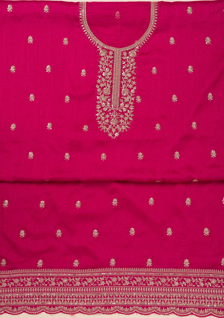 Rani Pink Cording Soft Raw Silk Unstitched Salwar Suit- koskii
