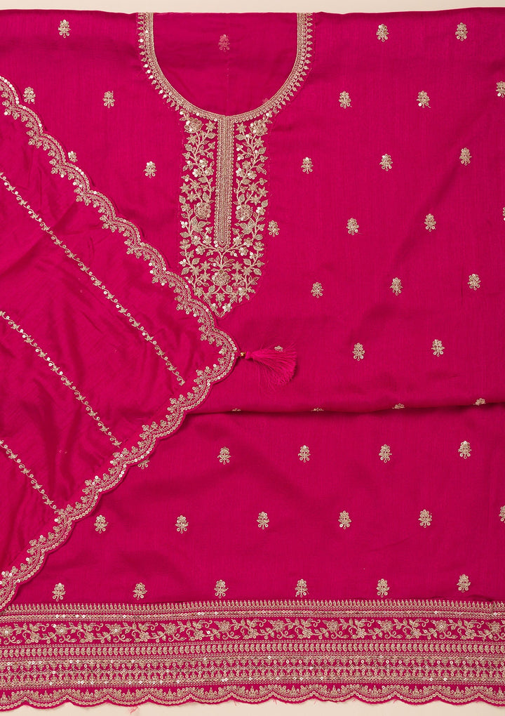 Rani Pink Cording Soft Raw Silk Unstitched Salwar Suit- koskii