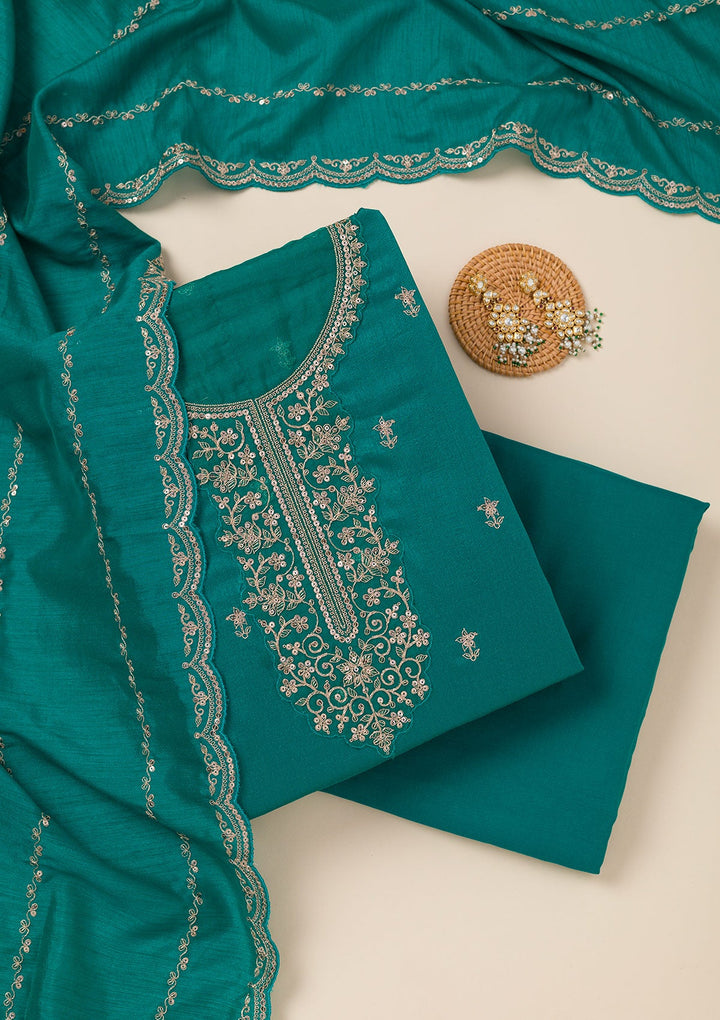 Sea Green Cording Soft Raw Silk Unstitched Salwar Suit- koskii