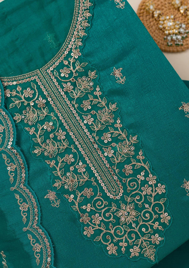Sea Green Cording Soft Raw Silk Unstitched Salwar Suit- koskii