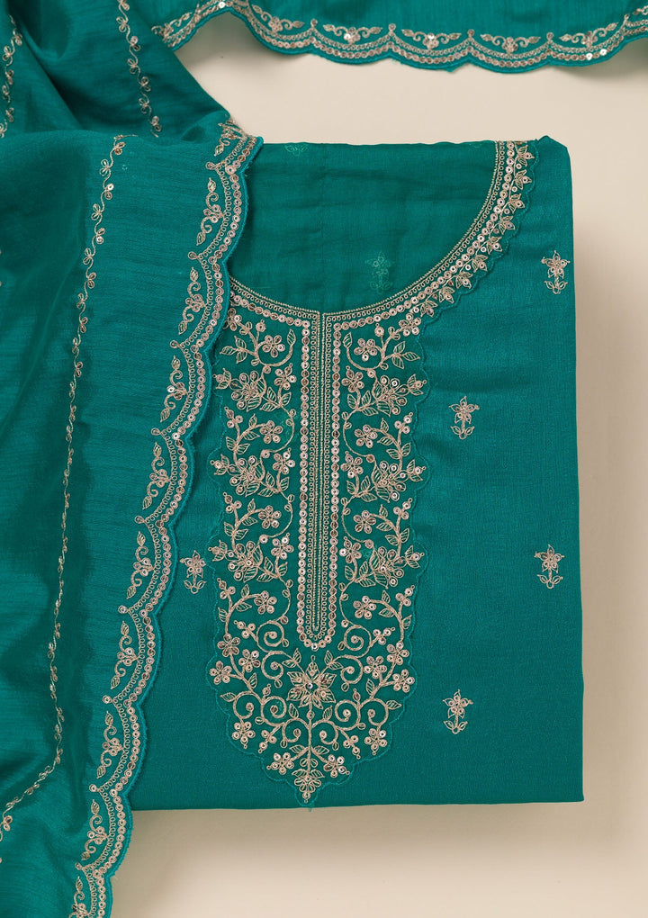 Sea Green Cording Soft Raw Silk Unstitched Salwar Suit- koskii