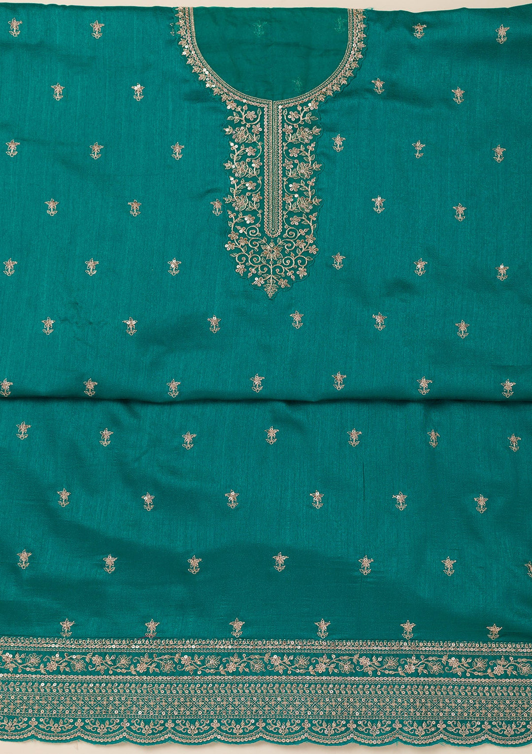 Sea Green Cording Soft Raw Silk Unstitched Salwar Suit- koskii