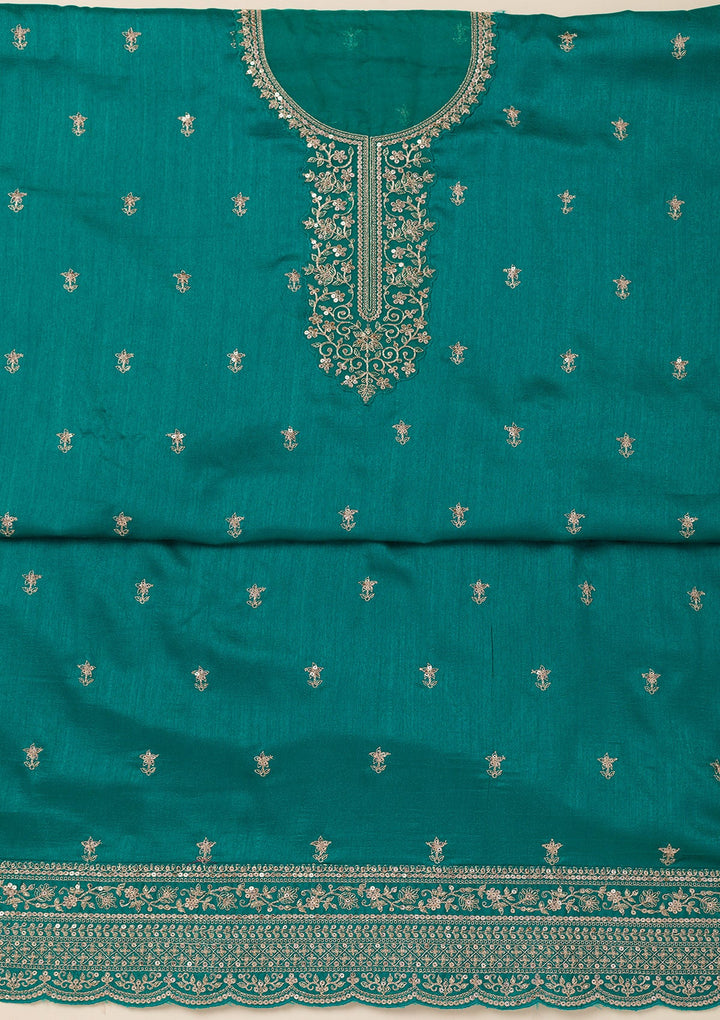 Sea Green Cording Soft Raw Silk Unstitched Salwar Suit- koskii