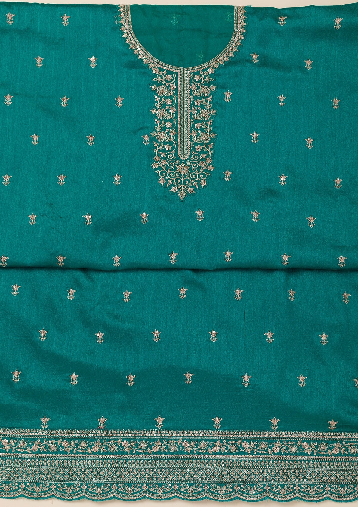 Sea Green Cording Soft Raw Silk Unstitched Salwar Suit- koskii