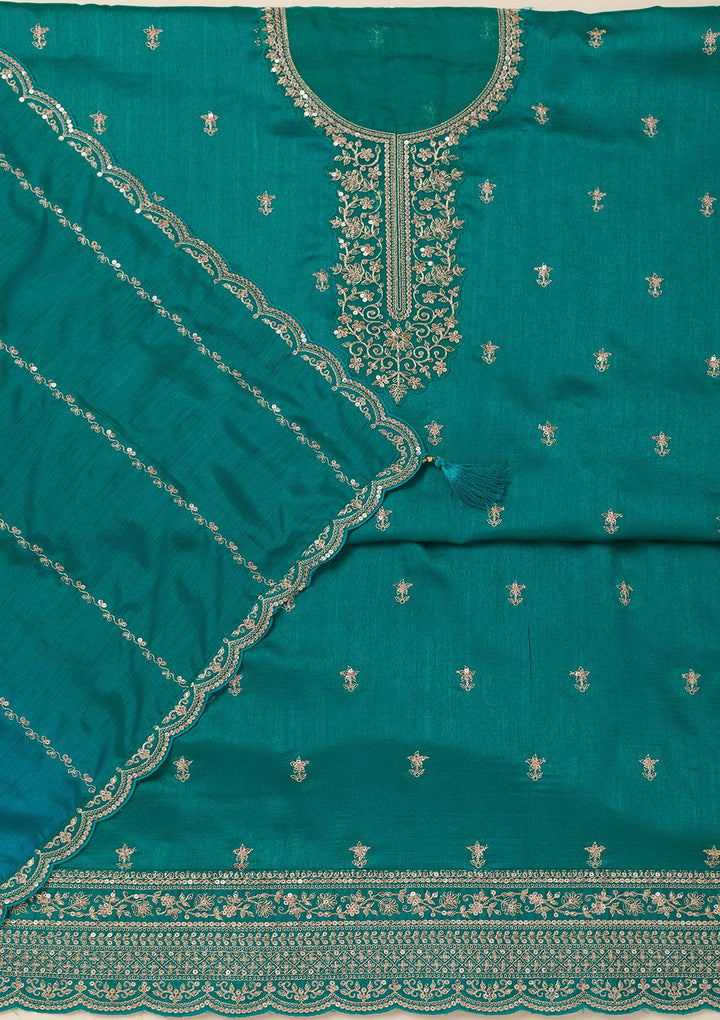 Sea Green Cording Soft Raw Silk Unstitched Salwar Suit- koskii
